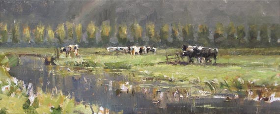 Roos Schuring, Hollands landschap, Beautiful grey days cows in sunlight, rainbow, 25 x 60 cm