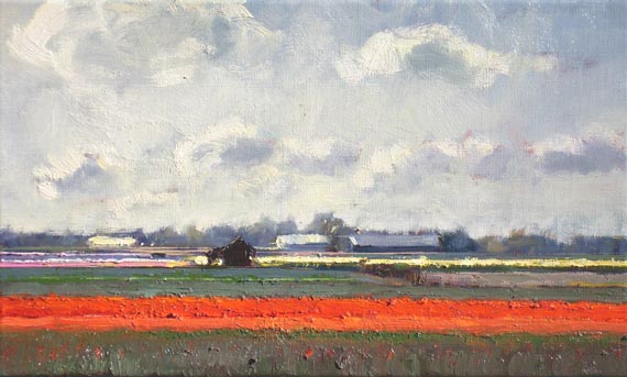 Roos Schuring, bollenveld, tegenlicht en rode streep, 24 x 40 cm