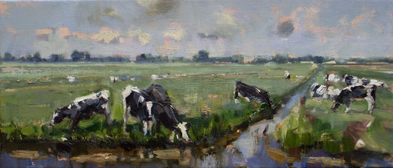 Roos Schuring, jonge koeien maken contact, 25 x 55 cm