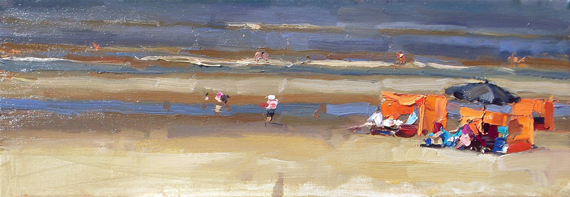 Roos Schuring, strandgezicht zomerse dag oranje windschermen, 18 x 50 cm