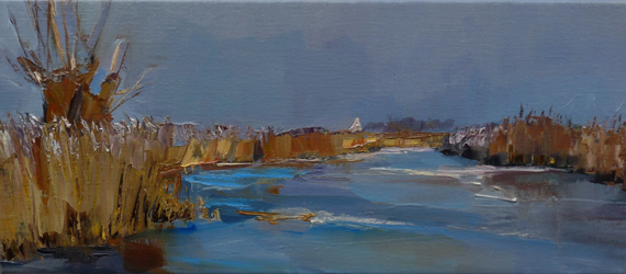 Roos Schuring,wilgen en ijs in winter (zonnig), 20 x 45 cm
